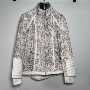 Guess Coat Womens Med‎ White Grey Speckled Hooded Jacket Warm Full Zip Moto